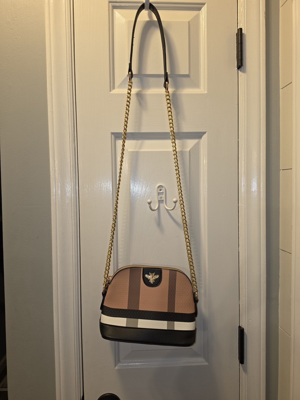 Bee-Emblem Tan and Black Crossbody Bag